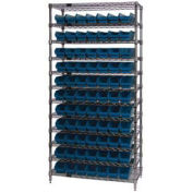 Wire Shelving with (77) 4"H Plastic Shelf Bins Blue, 36x24x74