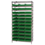 Wire Shelving with (33) 4"H Plastic Shelf Bins Green, 36x24x74