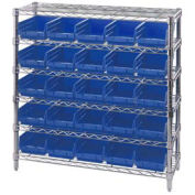 Wire Shelving with (25) 4"H Plastic Shelf Bins Blue, 36x14x36