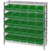 Wire Shelving with (25) 4"H Plastic Shelf Bins Green, 36x14x36