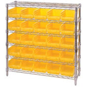 Wire Shelving with (25) 4"H Plastic Shelf Bins Yellow, 36x14x36