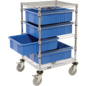 Chrome Wire Cart With 4 6"H Grid Blue Containers, 21X24X45