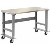 Mobile Adjustable Height Workbench, Stainless Steel, 60"W x 30"D, Gray