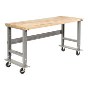 Mobile Adjustable Height Workbench, Maple Butcher Block Square Edge, 60"W x 36"D, Gray