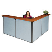 80"W x 80"D x 44"H L-Shaped Reception Station, Cherry Counter/Blue Panel