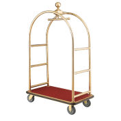 Gold Stainless Steel Bellman Cart Curved Uprights 6" Rubber Casters, 41-1/4"L x 24"W x 73"H