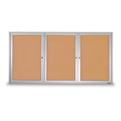 United Visual Products 72"W x 36"H 3-Door Outdoor Enclosed Corkboard with Satin Aluminum Frame