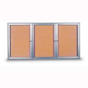 United Visual Products 72"W x 36"H 3-Door Indoor Enclosed Corkboard with Radius Frame