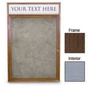 United Visual Products 18"W x 24"H 1-Door Enclosed Gray Easy Tack Board with Header and Walnut Frame