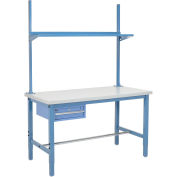 Production Workbench 60"W x 30"D, Plastic Square Edge with Drawer, Riser and Shelf, Blue