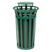 24 Gallon Outdoor Metal Slatted Trash Receptacle with Rain Bonnet Lid, Green