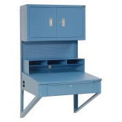 Shop Desk Wall Mount w/Pigeonhole Compartments and Cabinet Riser, 34-1/2"W x 30"D x 61"H, Blue 