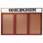 Aarco 3 Door Cherry Enclosed Bulletin Board w/ Header - 72"W x 36"H