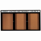 Aarco 3 Door Aluminum Framed Bulletin Board w/ Header Black Powder Coat - 96"W x 48"H