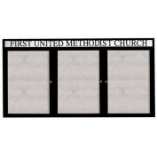 Aarco 3 Door Enclosed Alum Framed Bulletin Board w/ Header, Illum Black - 96"W x 48"H