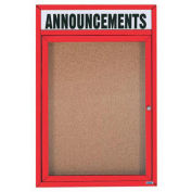 Aarco 1 Door Aluminum Framed Bulletin Board w/ Header Red Powder Coat - 18"W x 24"H