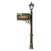 Mailbox w/Post Ornate Base & Solar Lamp, w/3 Address Plates, Bronze