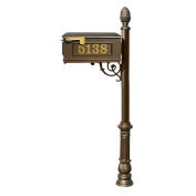 Lewiston Mailbox with Post, Ornate Base & Pineapple Finial, with Vinyl Numbers, Bronze