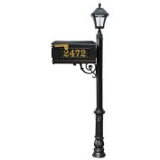 Mailbox w/Post Ornate Base & Solar Lamp, with Vinyl Numbers, Black