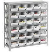 7 Shelf Steel Shelving with (30) 4"H Plastic Shelf Bins, Beige Bins, 36x12x39