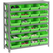 7 Shelf Steel Shelving with (24) 4"H Plastic Shelf Bins, Green, 36x18x39