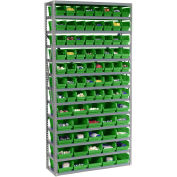 13 Shelf Steel Shelving with (81) 4"H Plastic Shelf Bins, Green, 36x12x72