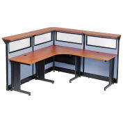 80"W x 80"D x 46"H L-Shaped Reception Station with Window and Raceway, Cherry Counter/Blue Panel