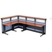 116"W x 80"D x 46"H L-Shaped Reception Station with Window and Raceway, Cherry Counter/Blue Panel