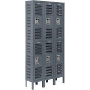 Heavy Duty Ventilated Steel Locker, Double Tier, 3-Wide, 12x15x36, Unassembled, Gray