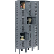 Heavy Duty Ventilated Steel Locker, Six Tier, 3-Wide, 12x18x12, Unassembled, Gray