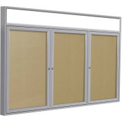 Ghent® 3 Door Enclosed Vinyl Bulletin Board w/Header, Caramel w/Silver Frame, 72"W x 36"H