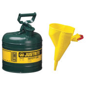 Justrite 7120410 Safety Can Type I, 2 Gallon Galvanized Steel, With Funnel, Self-Close Lid