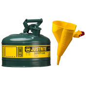 Justrite 7110410 Type I Steel Safety Can With Funnel, 1 Gallon (4L), Self-Close Lid, Green