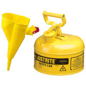 Justrite 7110210 Type I Steel Safety Can With Funnel, 1 Gallon (4L), Self-Close Lid, Yellow