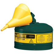 Justrite 7125410 Type I Steel Safety Can With Funnel, 2.5 Gal. (9.5L), Self-Close Lid, Green