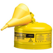 Justrite 7125210 Type I Steel Safety Can With Funnel, 2.5 Gal. (9.5L), Self-Close Lid, Yellow