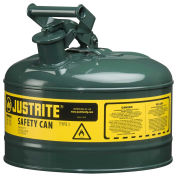 Justrite 7125400 Type I Steel Safety Can, 2.5 Gallon (9.5L), Self-Close Lid, Green