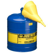 Justrite 7150310 Type I Steel Safety Can With Funnel, 5 Gallon (19L), Self-Close Lid, Blue