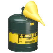 Justrite 7150410 Type I Steel Safety Can With Funnel, 5 Gallon (19L), Self-Close Lid, Green