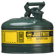 Justrite 7110400 Type I Steel Safety Can, 1 Gallon (4L), Self-Close Lid, Green