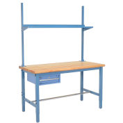 60"W x 30"D Workbench, 1-5/8" Thick Maple Top Safety Edge w/ Drawer, Upright & Shelf, Blue