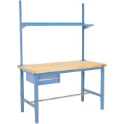 60"W x 30"D Workbench, 1-5/8" Thick Birch Top Square Edge w/ Drawer, Upright & Shelf, Blue