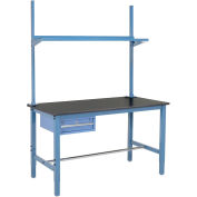 60"W x 36"D Workbench, 1-5/8" Thick Phenolic Resin Safety Edge with Drawer, Upright & Shelf, Blue