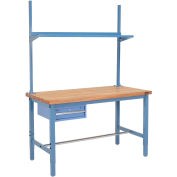 96"W x 36"D Workbench, 1-5/8" Thick Maple Top Square Edge w/ Drawer, Upright & Shelf, Blue