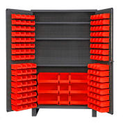 Global Industrial 16 Ga. All-Welded Bin Cabinet, Flush Door, 137 Red Bins, 48 x 24 x 78