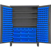 Global Industrial 16 Ga. All-Welded Bin Cabinet, Flush Door, 185 Blue Bins, 60x24x84
