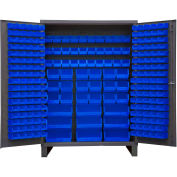 Global Industrial 16 Ga. All-Welded Bin Cabinet, Flush Door, 227 Blue Bins, 60x24x84