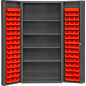 Global Industrial 16 Ga. All-Welded Bin Cabinet, Deep Door, 96 Red Bins, 36 x 24 x 72