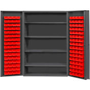 Global Industrial 16 Ga. All-Welded Bin Cabinet, Deep Door, 128 Red Bins, 48 x 24 x 72