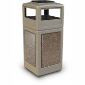 Commercial Zone StoneTec 42 Gallon Square Receptacle with Ashtray Lid, Beige w/Riverstone Panels